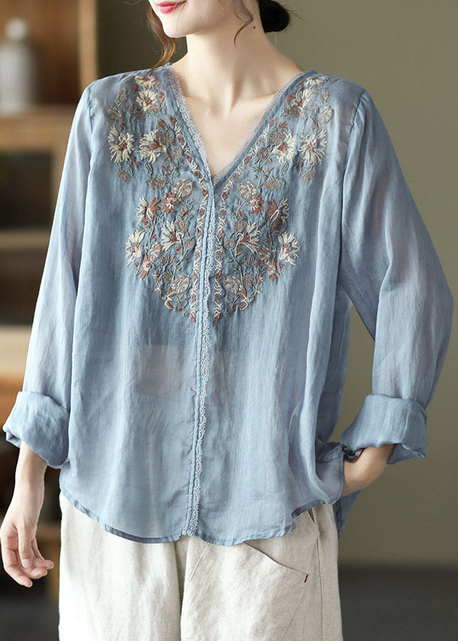 Stylish Lake Blue Embroideried Linen Blouse Tops Long Sleeve