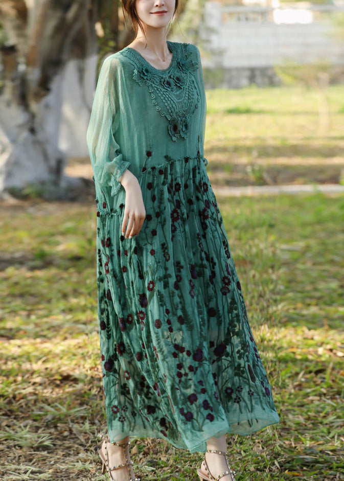 Stylish Lake Green Embroideried Patchwork Silk Long Dress Half Sleeve