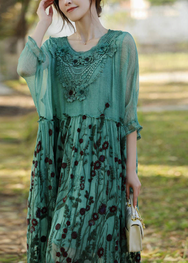 Stylish Lake Green Embroideried Patchwork Silk Long Dress Half Sleeve