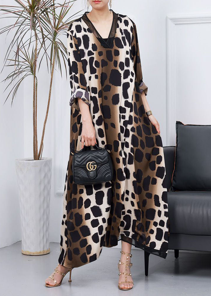 Stylish Leopard V Neck Patchwork Silk Asymmetrical Dress Spring