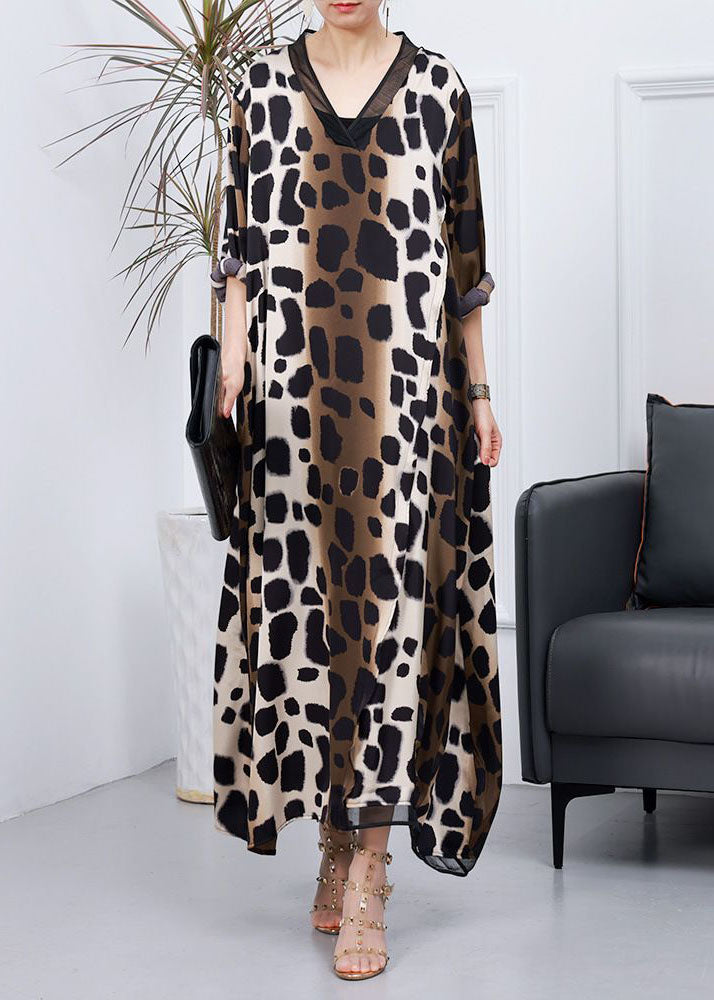 Stylish Leopard V Neck Patchwork Silk Asymmetrical Dress Spring