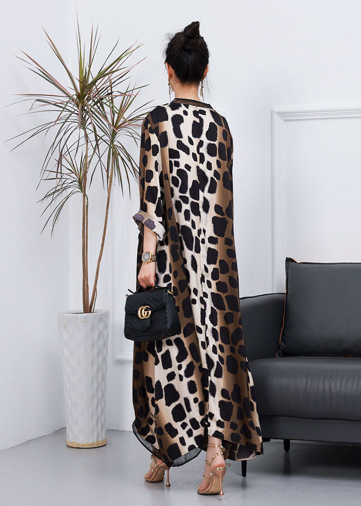 Stylish Leopard V Neck Patchwork Silk Asymmetrical Dress Spring