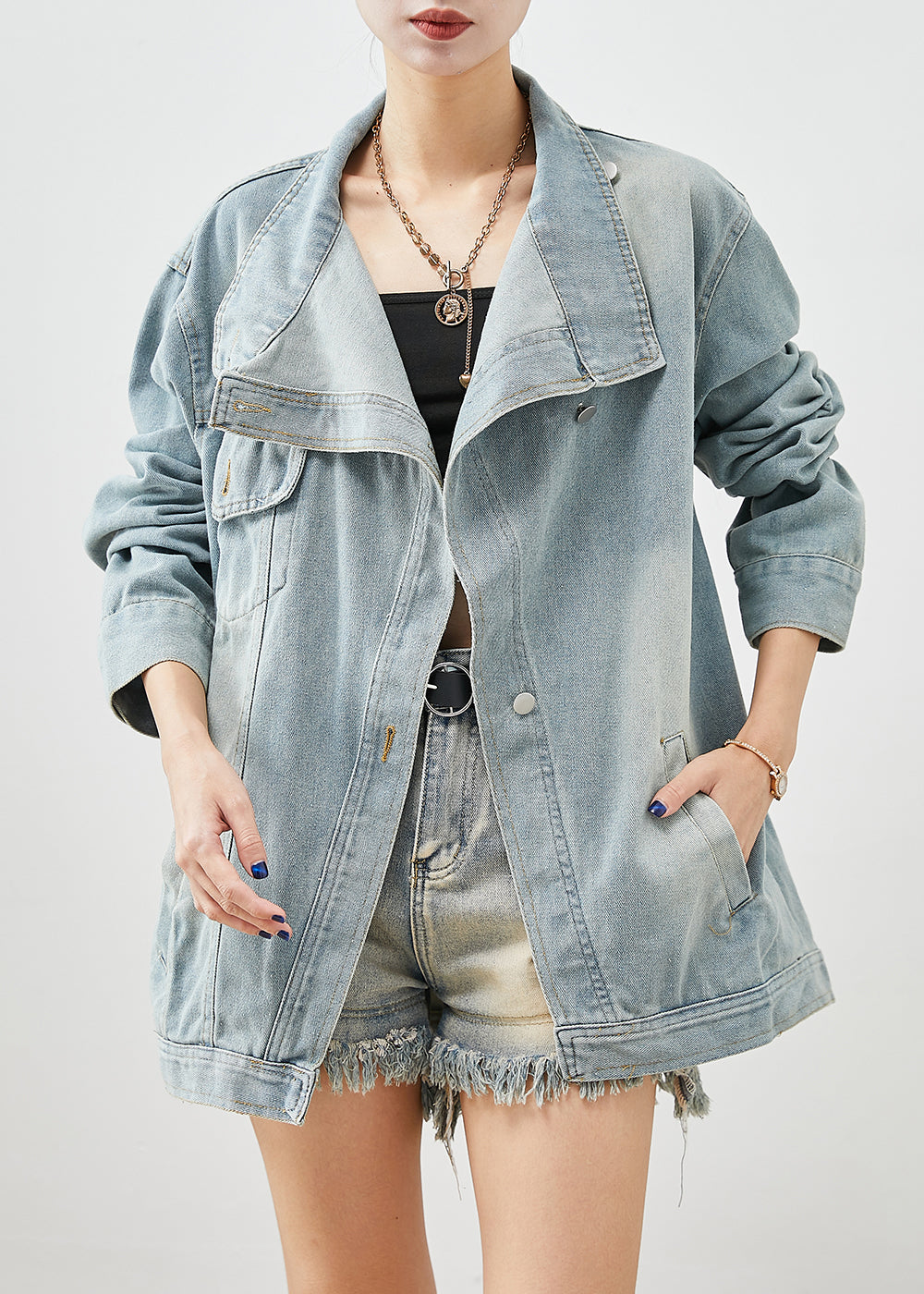 Stylish Light Blue Asymmetrical Denim Jackets Fall