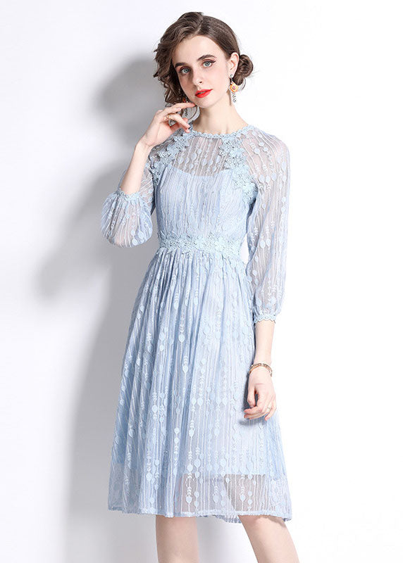 Stylish Light Blue Embroideried Patchwork Lace Cinch Dress Bracelet Sleeve