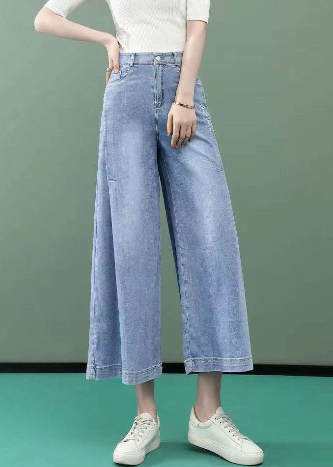 Stylish Light Blue Pockets High Waist Denim Wide Leg Pants Spring