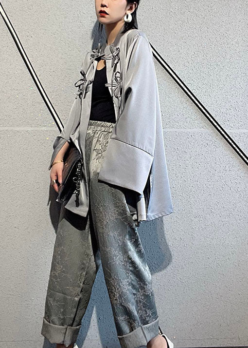 Stylish Light Grey Mandarin Collar Jacquard Patchwork Silk Two Pieces Set Long Sleeve