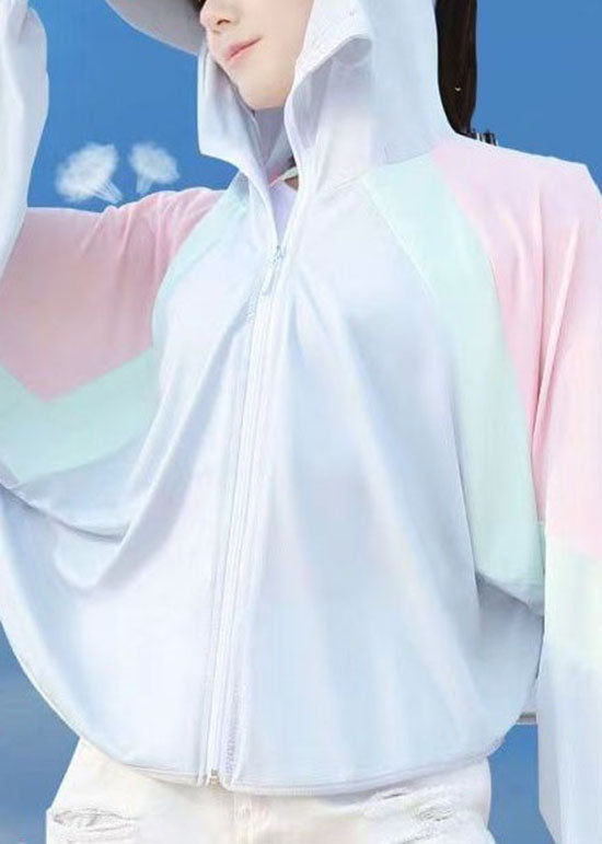 Stylish Light Purple Hooded Zippered Patchwork Ice Silk UPF 50+ Coat Summer - Omychic