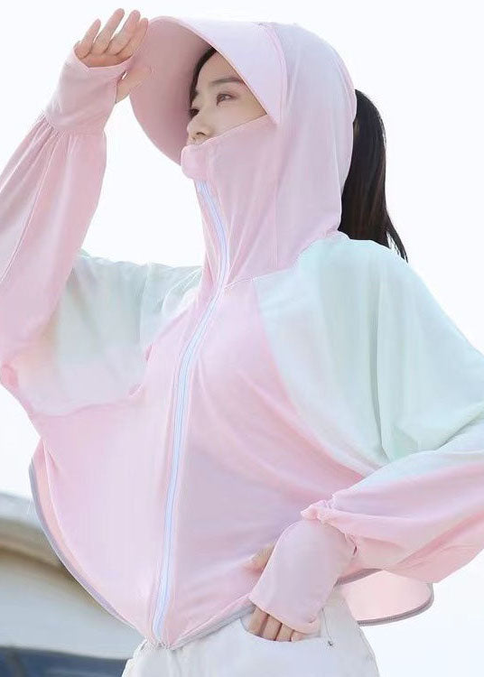 Stylish Light Purple Hooded Zippered Patchwork Ice Silk UPF 50+ Coat Summer - Omychic