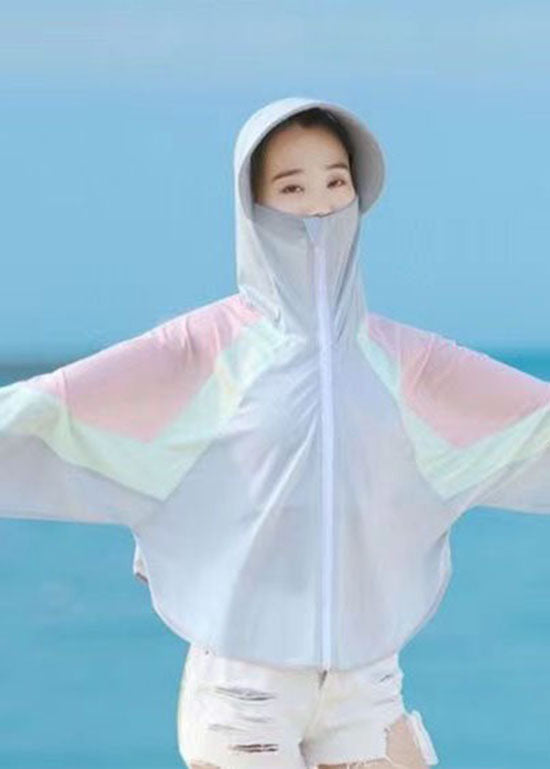Stylish Light Purple Hooded Zippered Patchwork Ice Silk UPF 50+ Coat Summer - Omychic