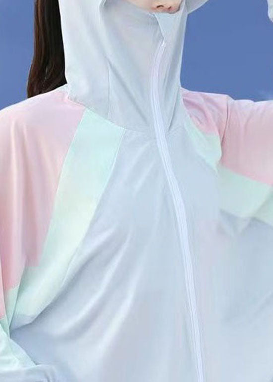 Stylish Light Purple Hooded Zippered Patchwork Ice Silk UPF 50+ Coat Summer - Omychic