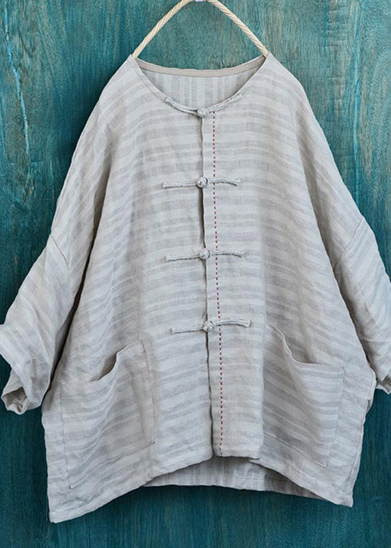 Stylish Linen Colour O-Neck Button Linen Top Long Sleeve
