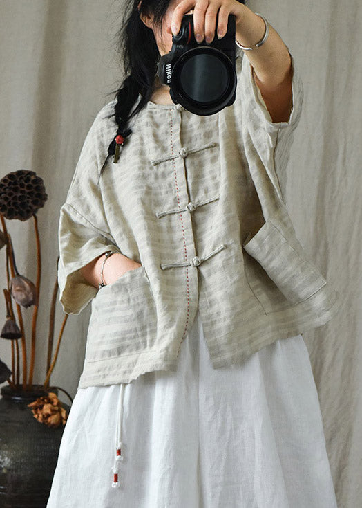 Stylish Linen Colour O-Neck Button Linen Top Long Sleeve