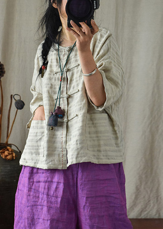 Stylish Linen Colour O-Neck Button Linen Top Long Sleeve