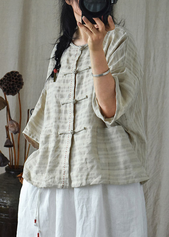 Stylish Linen Colour O-Neck Button Linen Top Long Sleeve