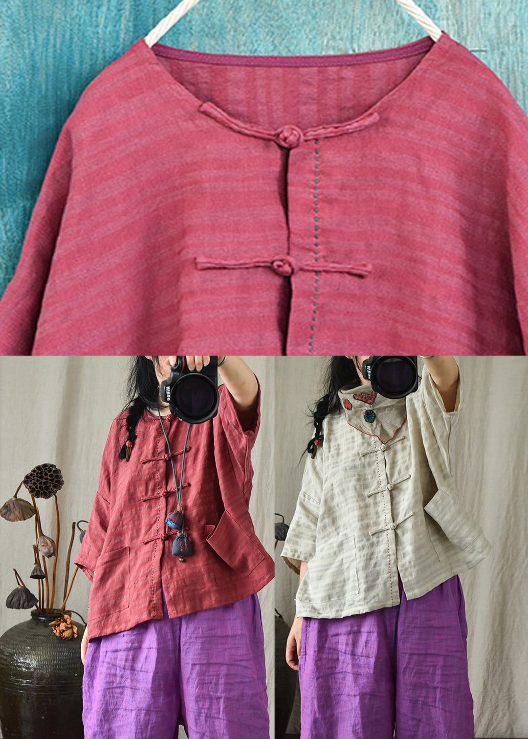 Stylish Linen Colour O-Neck Button Linen Top Long Sleeve