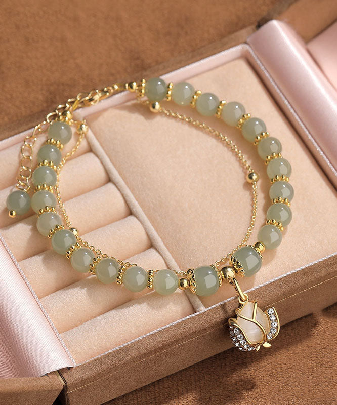 Stylish Little Green Sterling Silver Overgild 14K Gold Jade Zircon Charm Bracelet