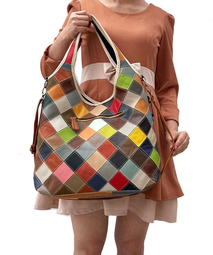 Stylish Multi Color Plaid Floral Patchwork Zippered Calf Leather Satchel Handbag
