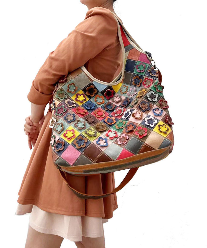 Stylish Multi Color Plaid Floral Patchwork Zippered Calf Leather Satchel Handbag