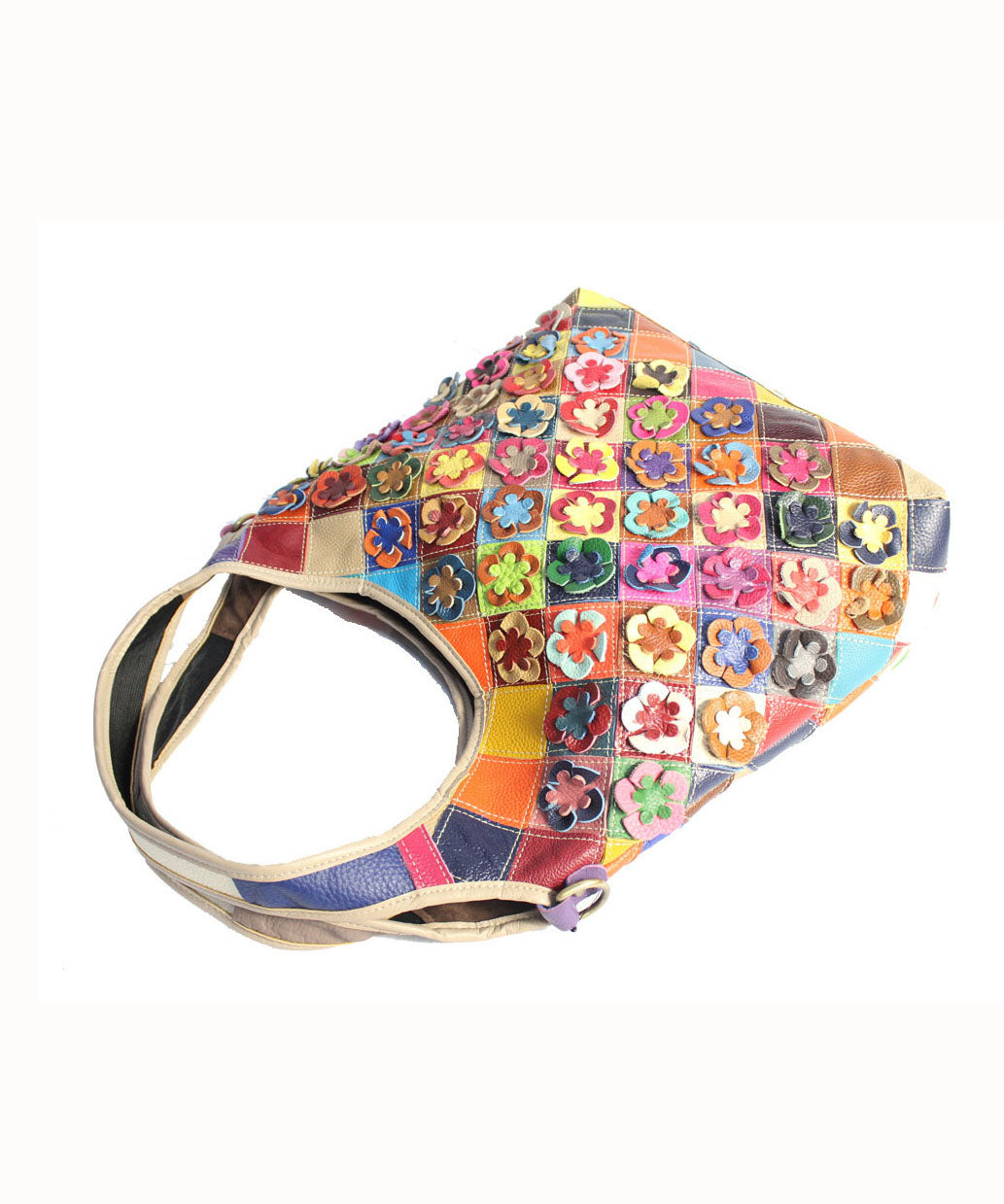 Stylish Multi Color Plaid Floral Patchwork Zippered Calf Leather Satchel Handbag