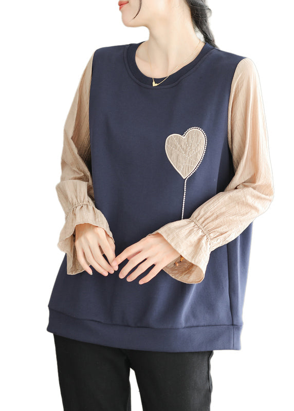 Stylish Navy O Neck Heart Patchwork False Two Pieces Cotton Top Fall