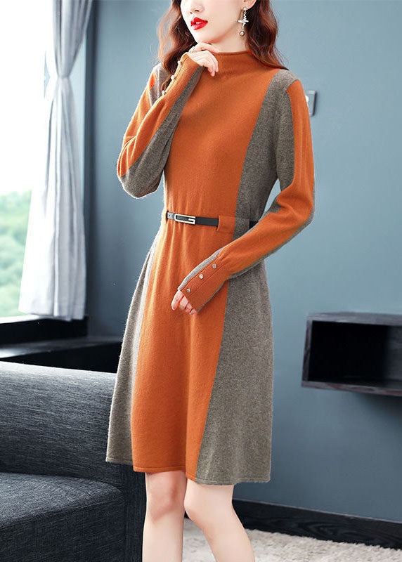 Stylish Orange High Neck Patchwork Knit Cinch Sweater Dress Winter