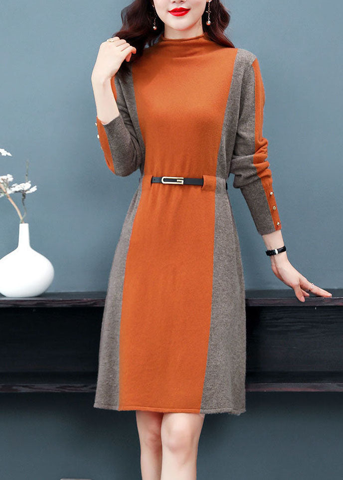 Stylish Orange High Neck Patchwork Knit Cinch Sweater Dress Winter