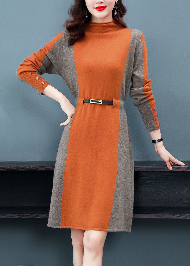 Stylish Orange High Neck Patchwork Knit Cinch Sweater Dress Winter