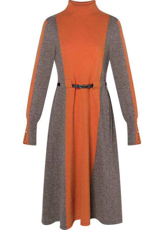 Stylish Orange High Neck Patchwork Knit Cinch Sweater Dress Winter