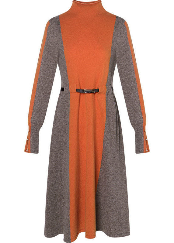 Stylish Orange High Neck Patchwork Knit Cinch Sweater Dress Winter - Omychic