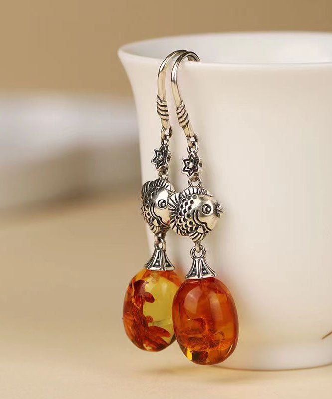 Stylish Orange Sterling Silver Water Droplet Amber Drop Earrings