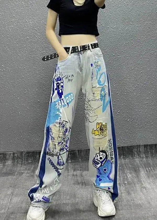 Stylish Photo Color Print Ripped Denim Straight Pants Spring Summer