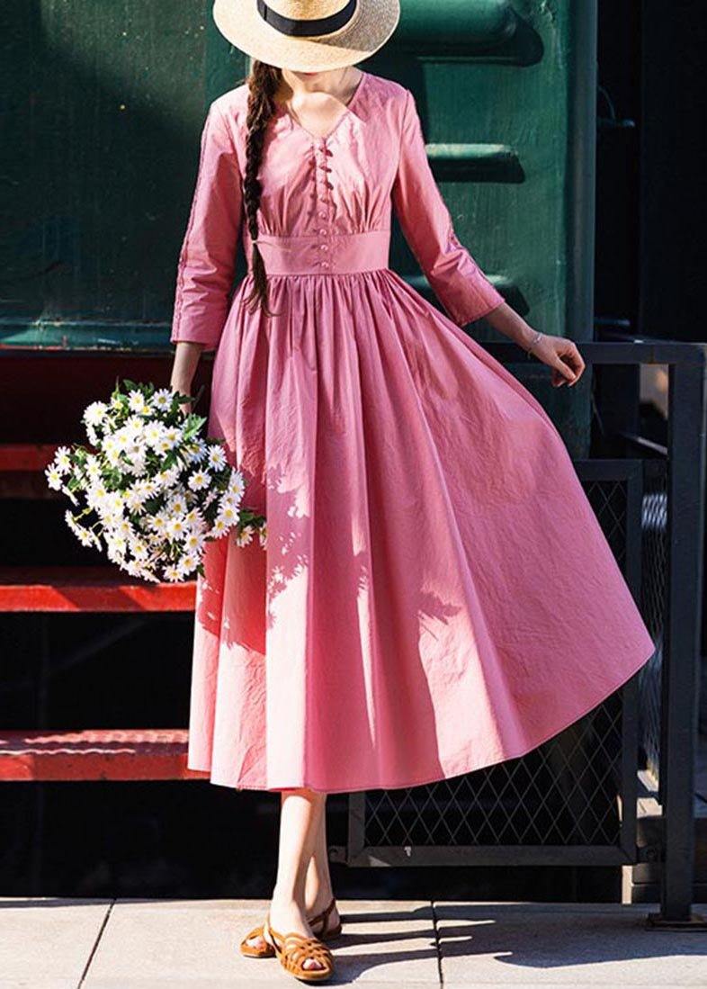 Stylish Pink Button V Neck Mid Summer Cotton Dress - Omychic