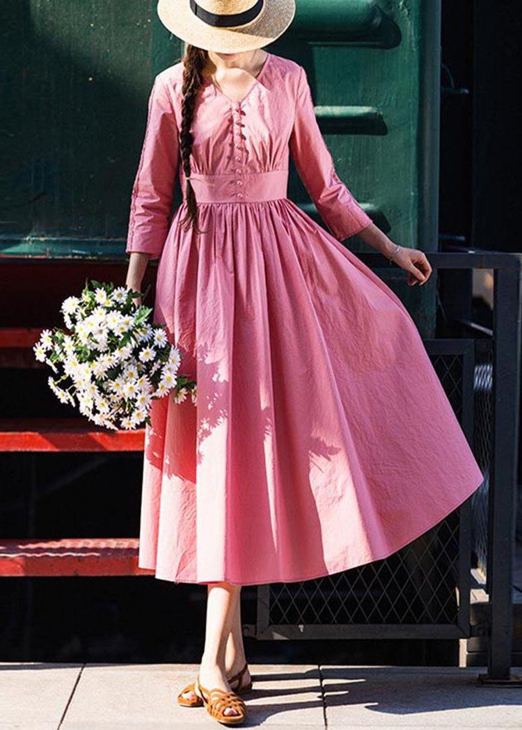Stylish Pink Button V Neck Mid Summer Cotton Dress - Omychic