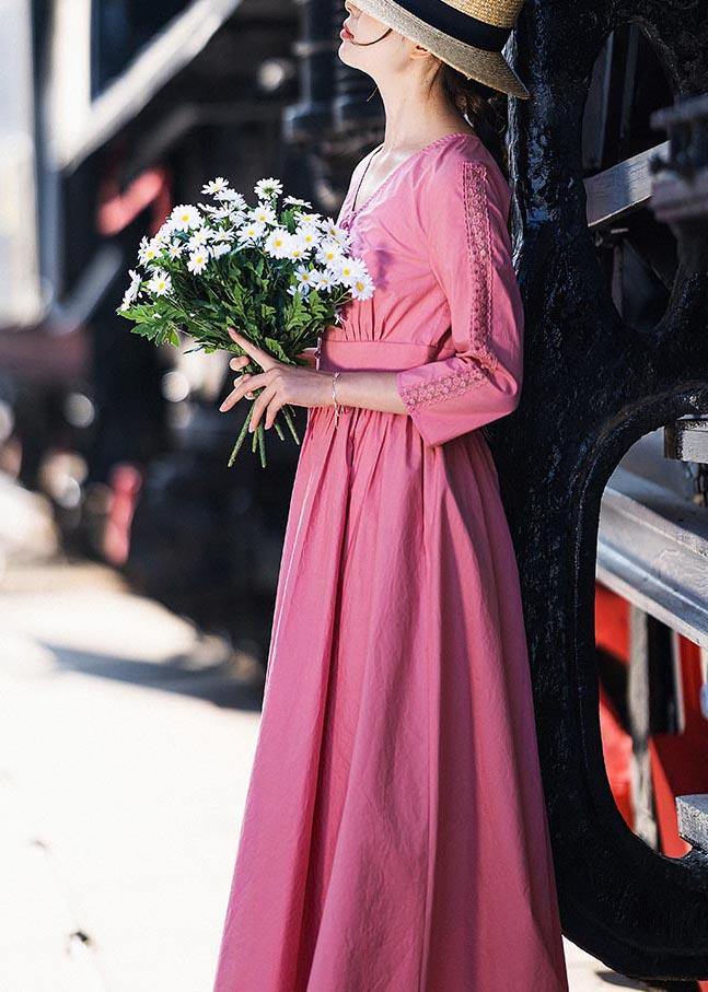 Stylish Pink Button V Neck Mid Summer Cotton Dress - Omychic