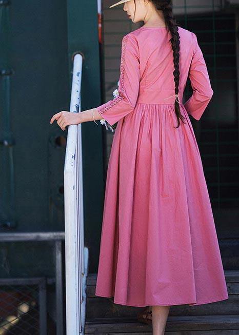 Stylish Pink Button V Neck Mid Summer Cotton Dress - Omychic