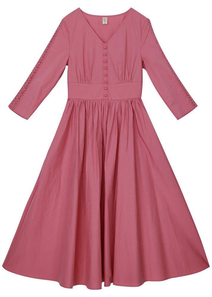 Stylish Pink Button V Neck Mid Summer Cotton Dress - Omychic