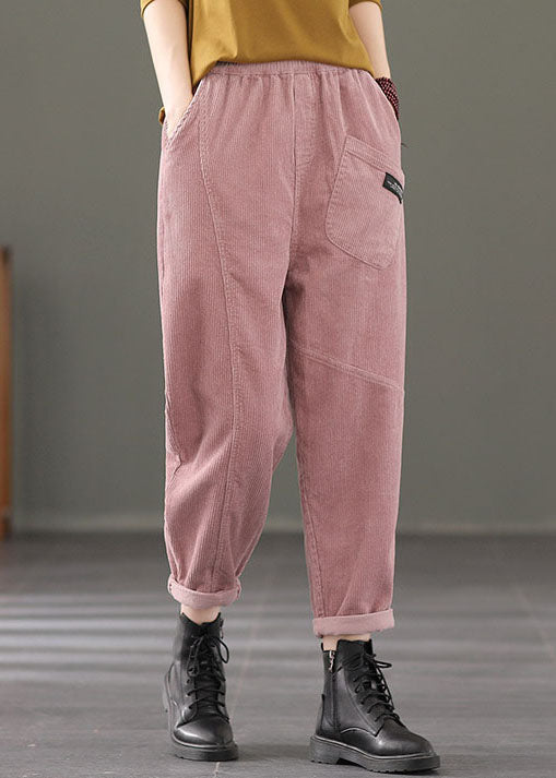 Stylish Pink Elastic Waist Patchwork Corduroy Harem Pants Fall