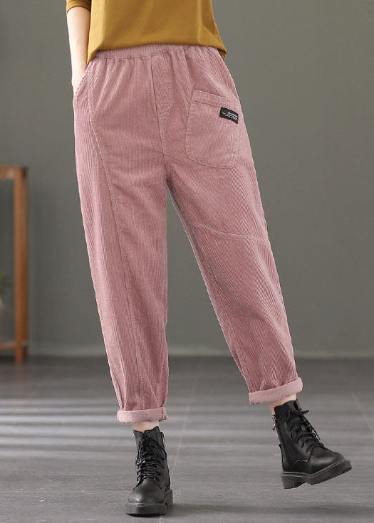 Stylish Pink Elastic Waist Patchwork Corduroy Harem Pants Fall