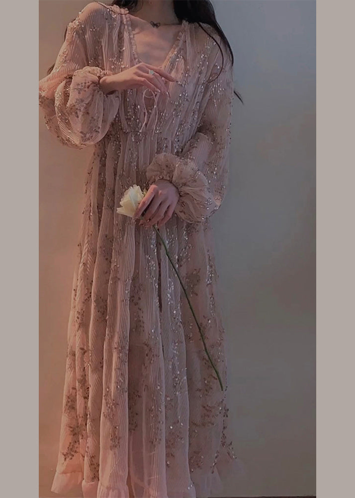 Stylish Pink Embroideried Patchwork Chiffon Maxi Dress Lantern Sleeve - Omychic