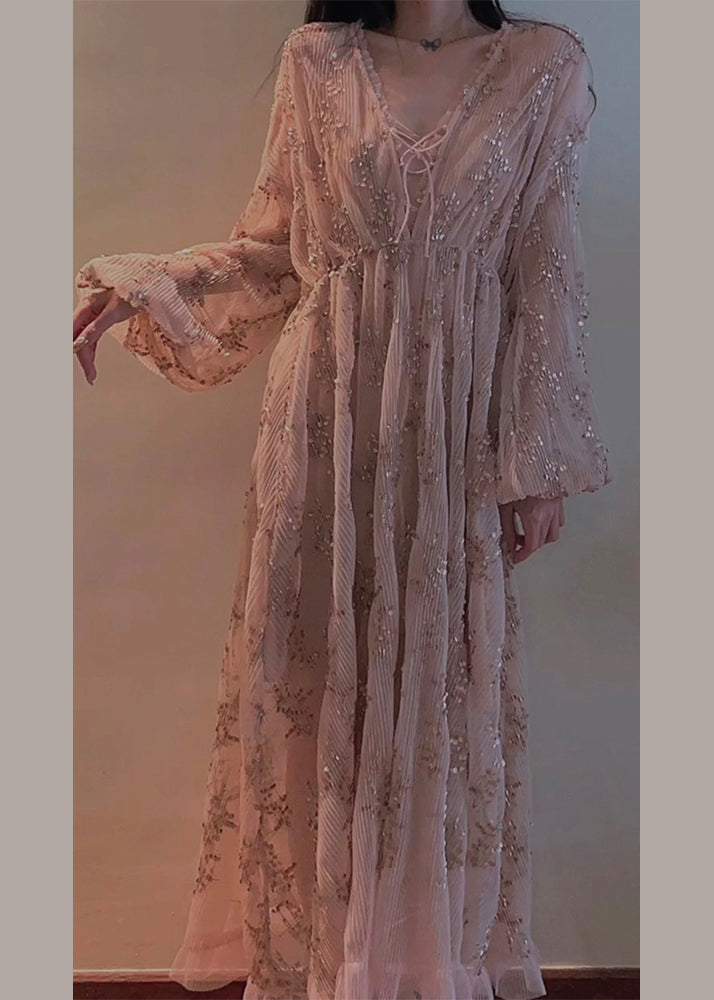 Stylish Pink Embroideried Patchwork Chiffon Maxi Dress Lantern Sleeve - Omychic
