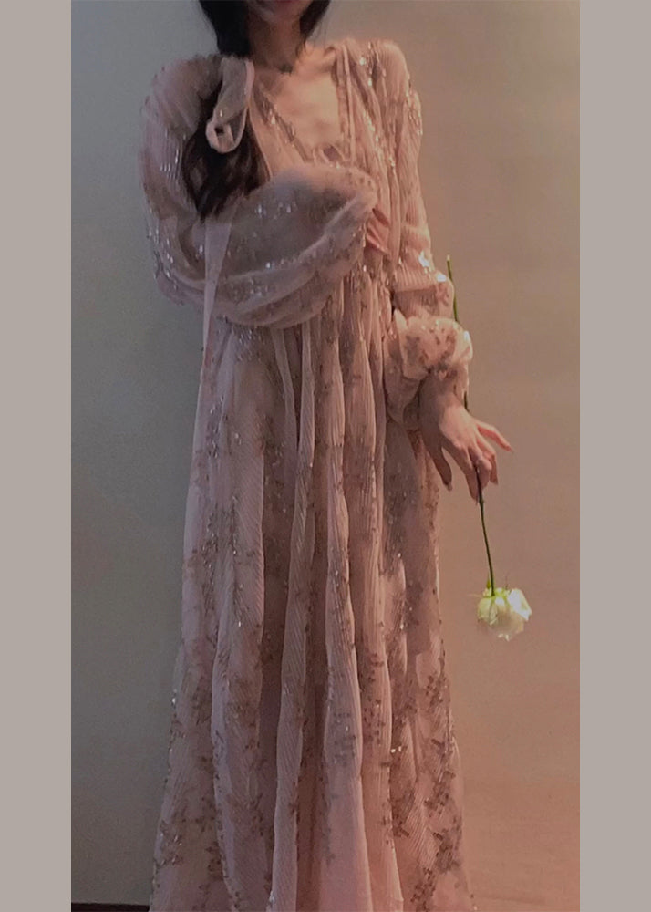 Stylish Pink Embroideried Patchwork Chiffon Maxi Dress Lantern Sleeve