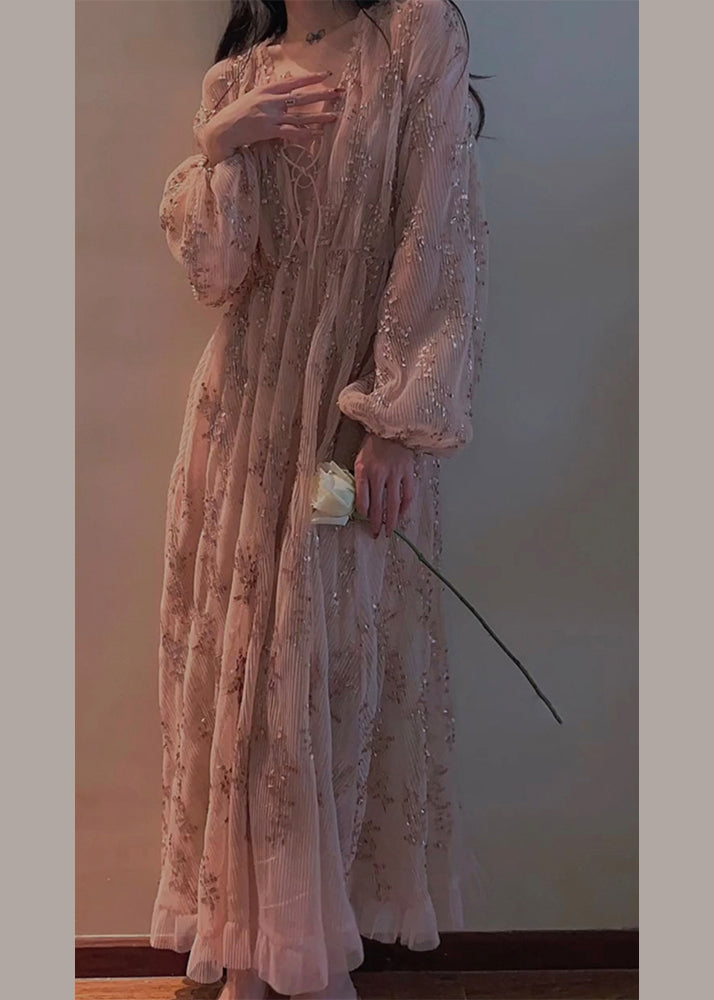 Stylish Pink Embroideried Patchwork Chiffon Maxi Dress Lantern Sleeve
