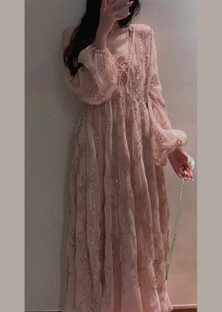 Stylish Pink Embroideried Patchwork Chiffon Maxi Dress Lantern Sleeve