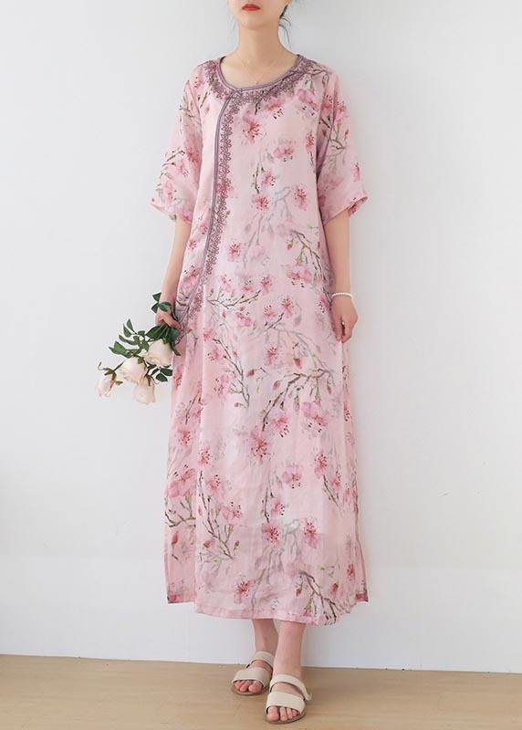 Stylish Pink Print Embroideried Oriental Summer Linen Dress - Omychic