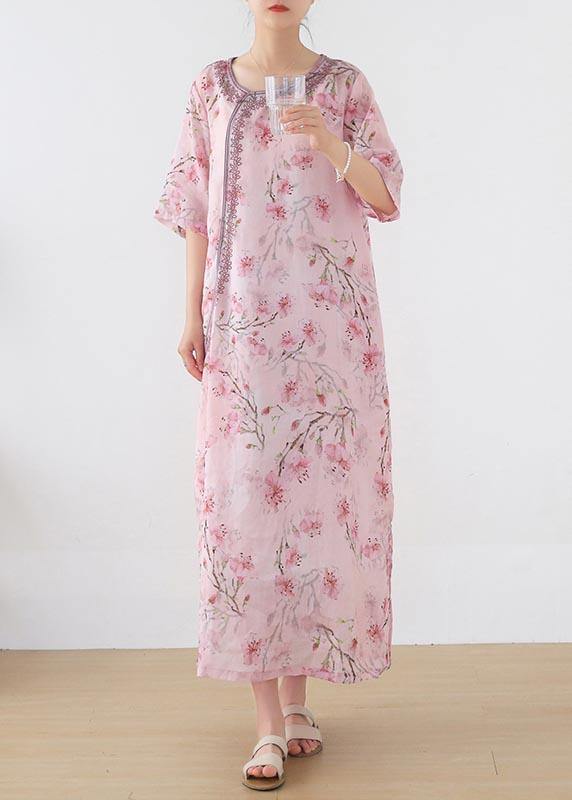 Stylish Pink Print Embroideried Oriental Summer Linen Dress - Omychic