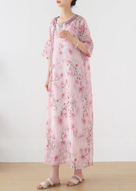 Stylish Pink Print Embroideried Oriental Summer Linen Dress - Omychic