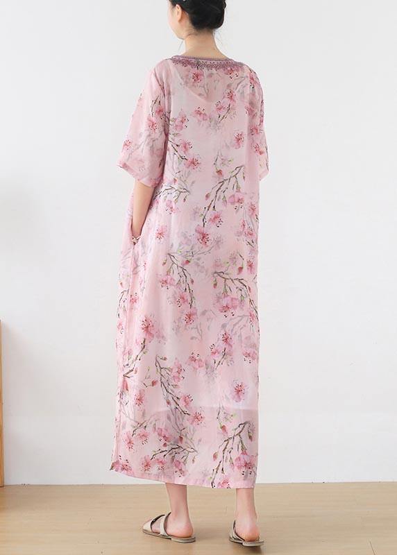 Stylish Pink Print Embroideried Oriental Summer Linen Dress - Omychic