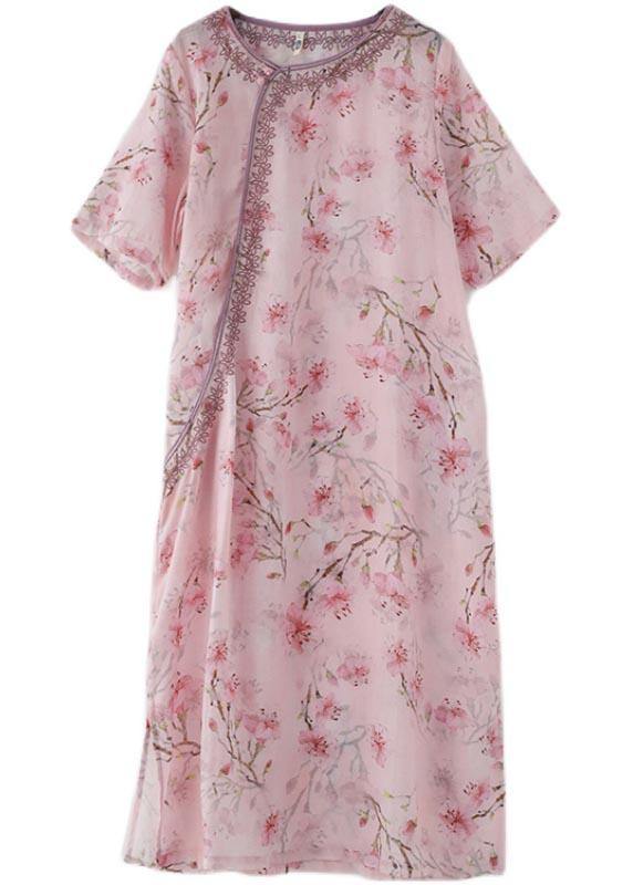 Stylish Pink Print Embroideried Oriental Summer Linen Dress - Omychic