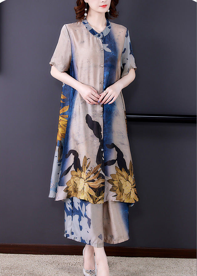 Stylish Print Chiffon Long Shirts And Wide Leg Pants Two Piece Set Summer