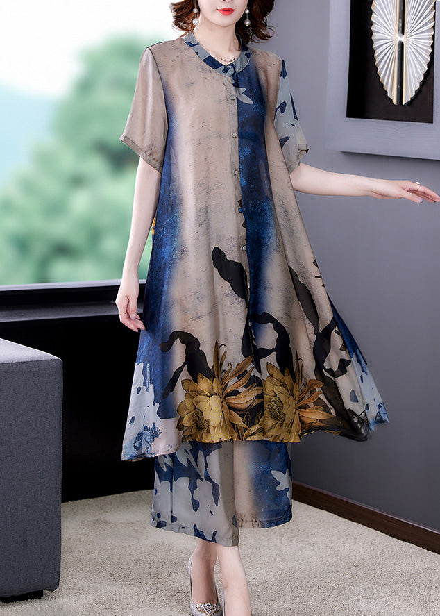 Stylish Print Chiffon Long Shirts And Wide Leg Pants Two Piece Set Summer